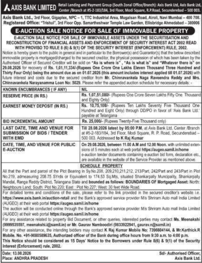 E-Auction Sale Notice for Shankarpally Land Parcels by Axis Bank Limited