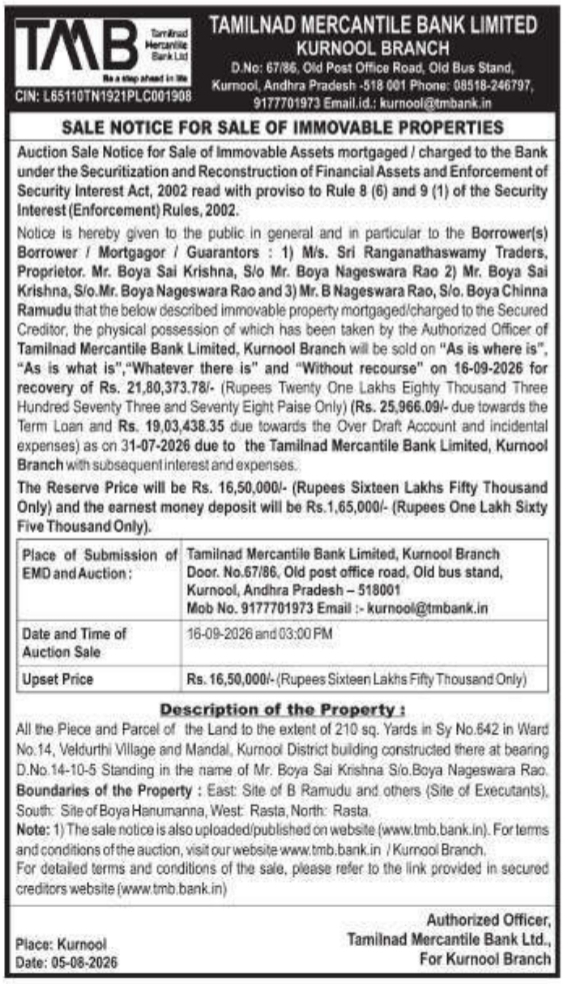 E-Auction Sale Notice for Sri Ranganathaswamy Traders by Tamilnad Mercantile Bank