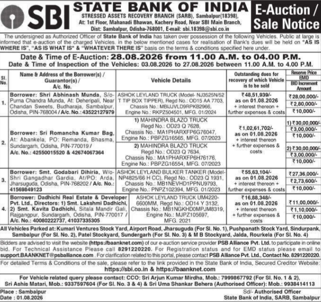 E-Auction Sale Notice for State Bank of India Seized Vehicles