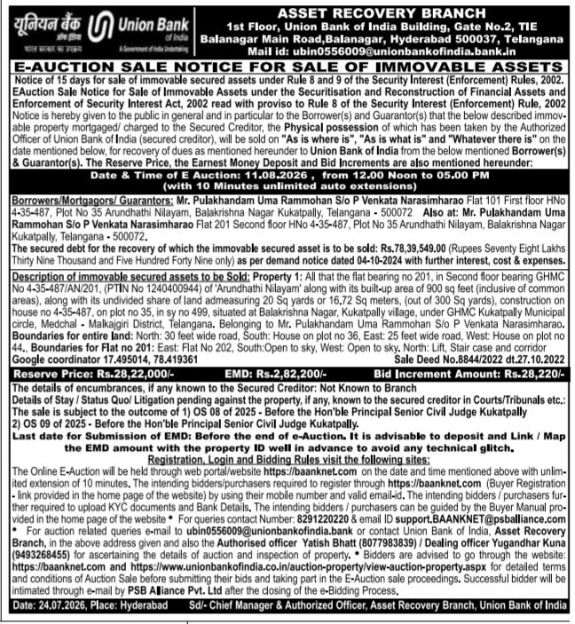 E-Auction Sale Notice: Foreclosure of Immovable Residential Property