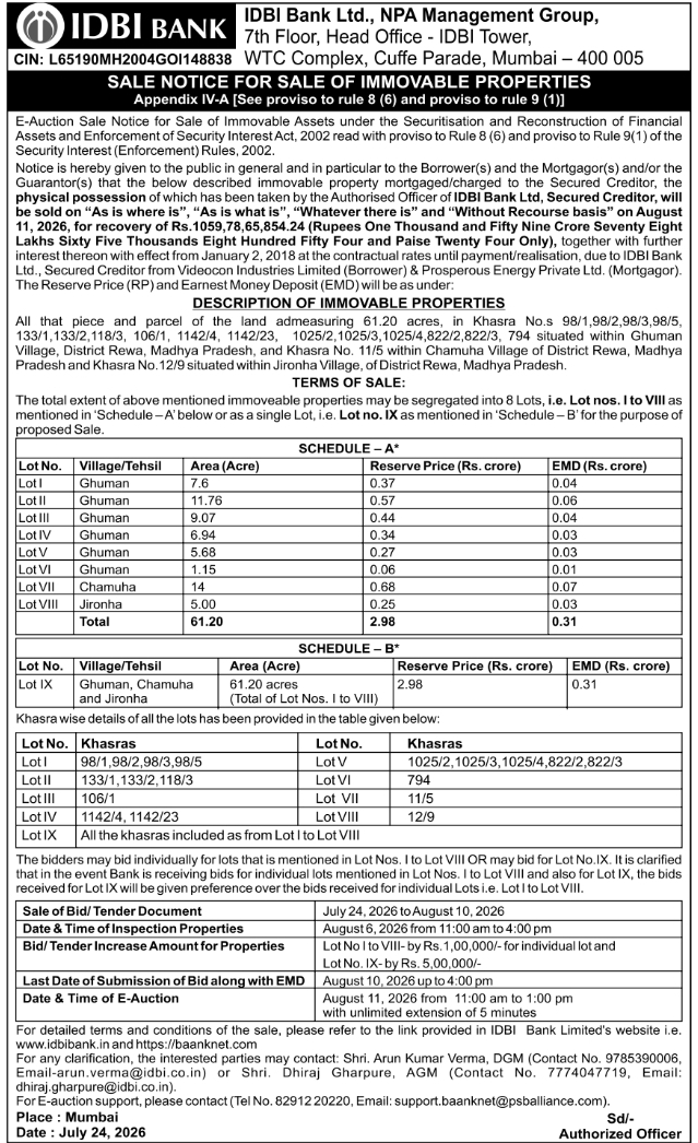 E-Auction Sale Notice: IDBI Bank Mega Property Liquidation