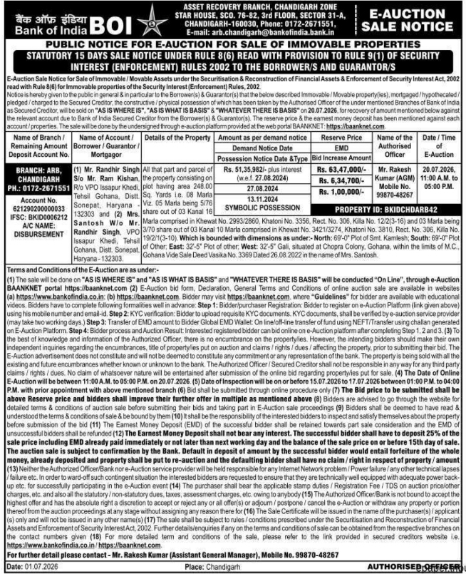 E-Auction Sale Notice: Immovable Properties for Bank of India