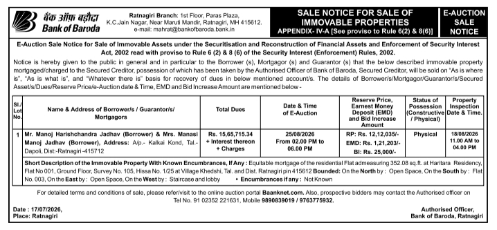 E-Auction Sale Notice: Immovable Property Auction Work Bank of Baroda, Ratnagiri