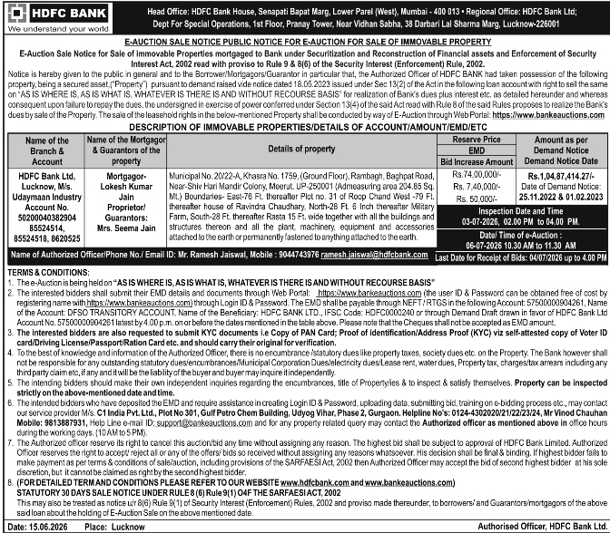 E-Auction Sale Notice: Immovable Property by HDFC Bank