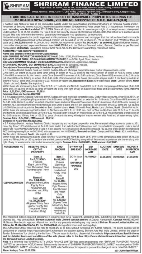 E-Auction Sale Notice: Immovable Property by Shriram Finance