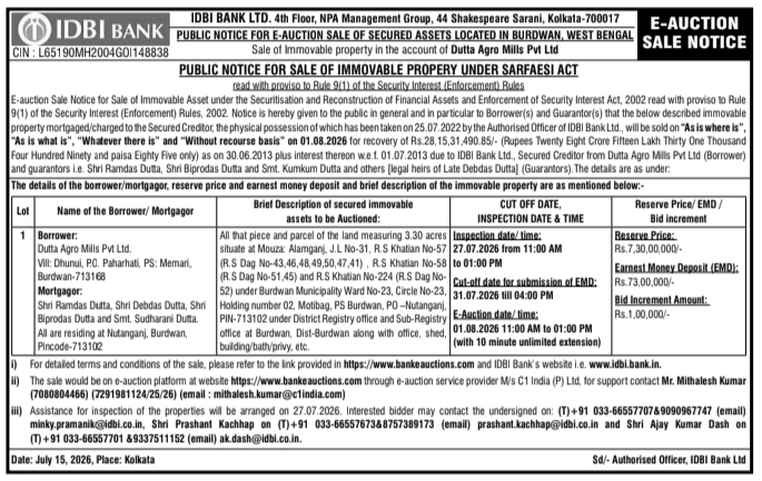 E-Auction Sale Notice: Immovable Property in Burdwan, West Bengal