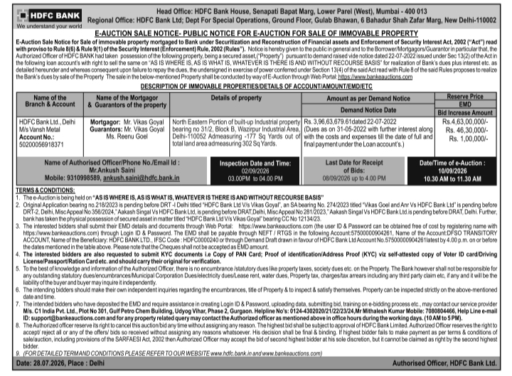 E-Auction Sale Notice of Built-Up Industrial Property by HDFC Bank