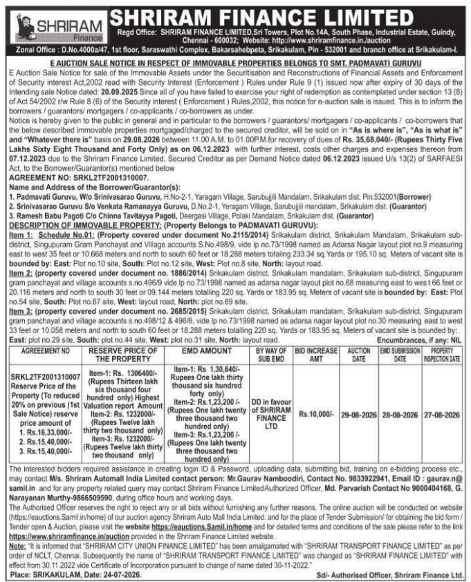E-Auction Sale Notice of Immovable Asset Lots by Shriram Finance