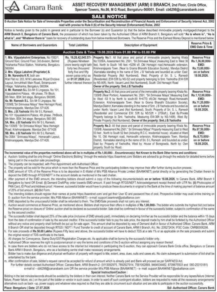 E-Auction Sale Notice of Immovable Properties by Canara Bank