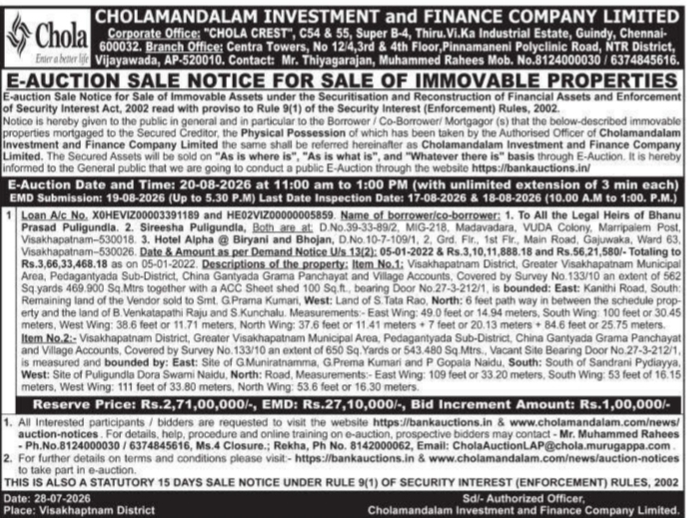 E-Auction Sale Notice of Immovable Properties by Cholamandalam Investment