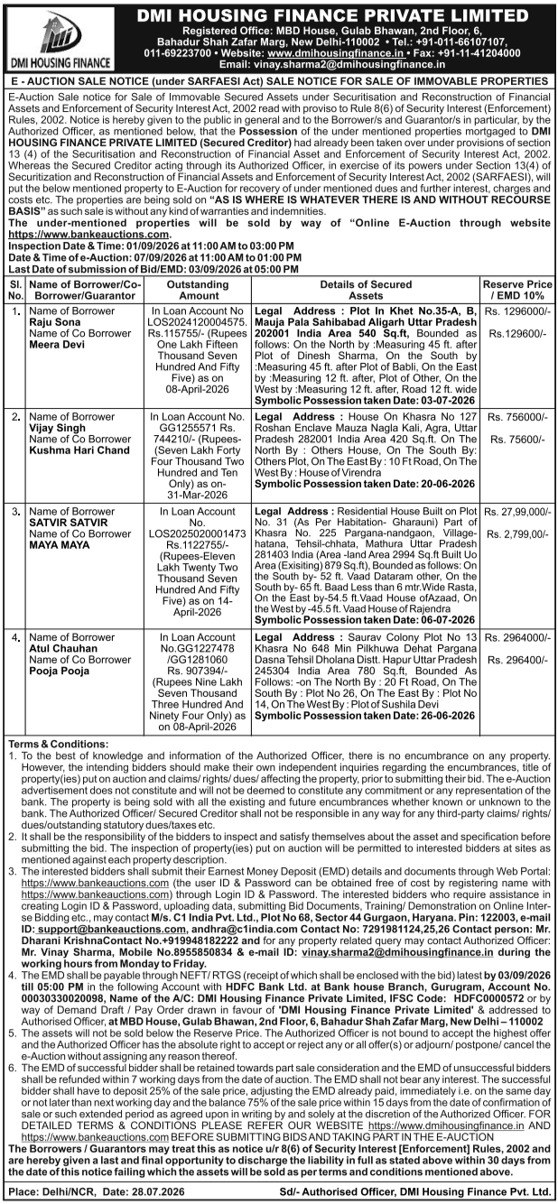 E-Auction Sale Notice of Immovable Properties by DMI Housing Finance