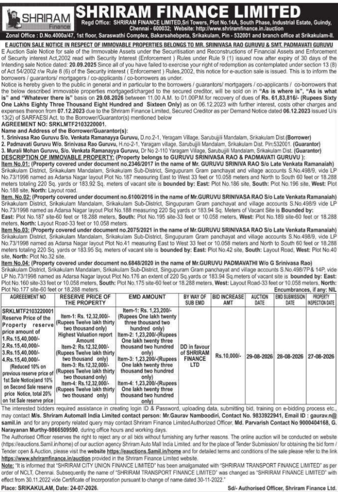 E-Auction Sale Notice of Immovable Properties by Shriram Finance