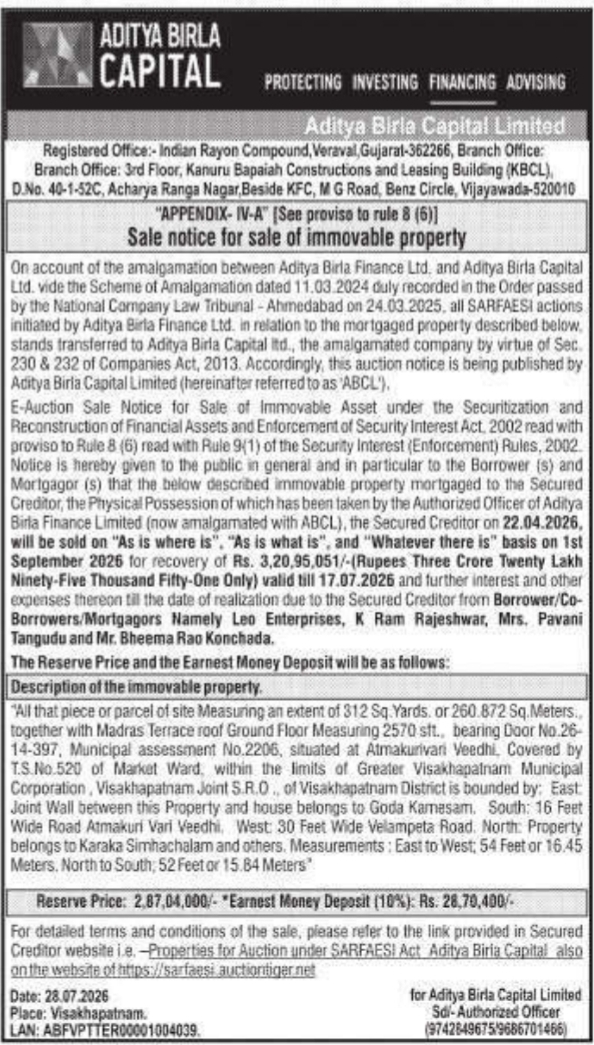 E-Auction Sale Notice of Immovable Property by Aditya Birla Capital