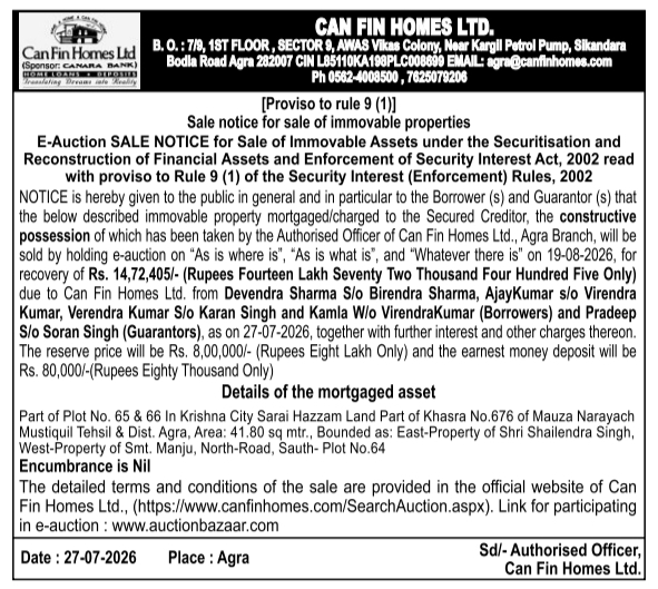 E-Auction Sale Notice of Immovable Property by Can Fin Homes