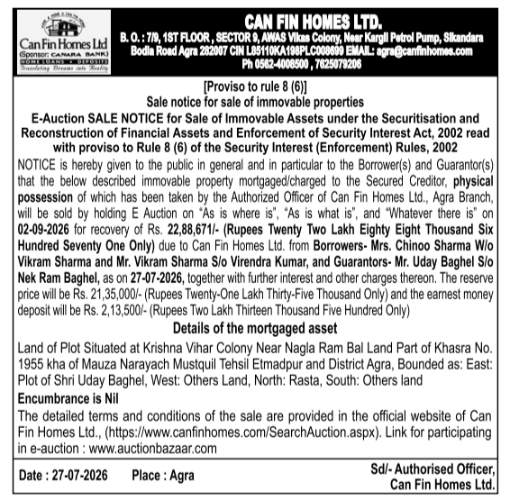 E-Auction Sale Notice of Immovable Property by Can Fin Homes