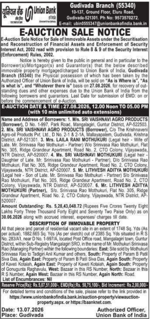 E-Auction Sale Notice of Immovable Property by Union Bank of India