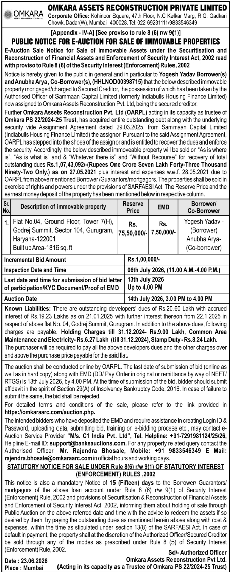 E-Auction Sale Notice: Omkara Assets Reconstruction Private Limited