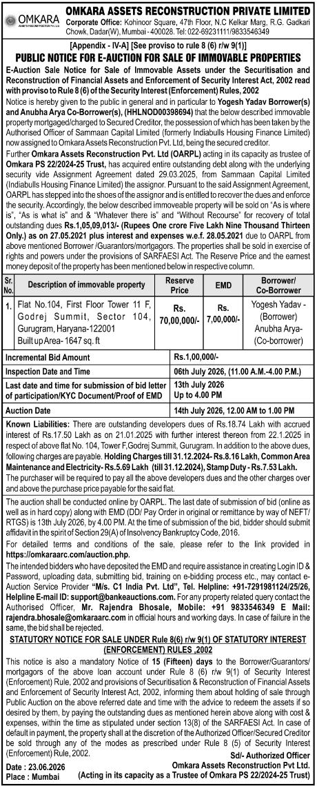 E-Auction Sale Notice: Omkara Assets Reconstruction Private Limited