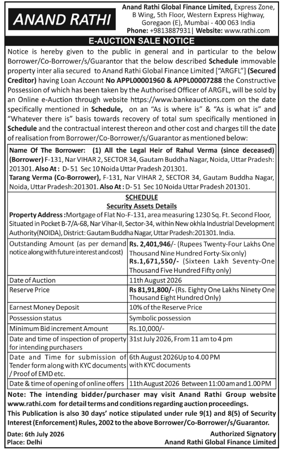 E-Auction Sale Notice: Residential Property Foreclosure
