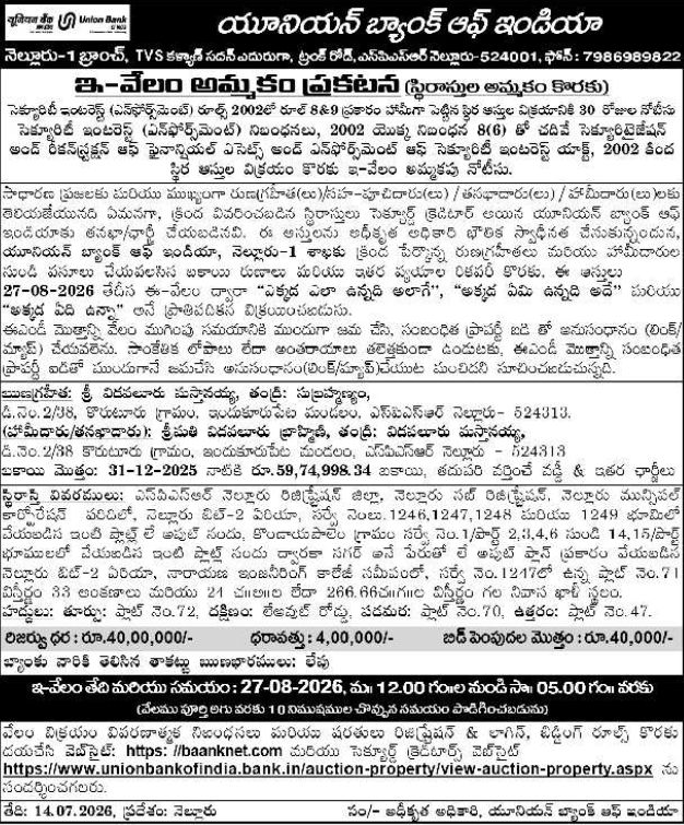 E-Auction Sale Notice: Union Bank Nellore-1 Branch