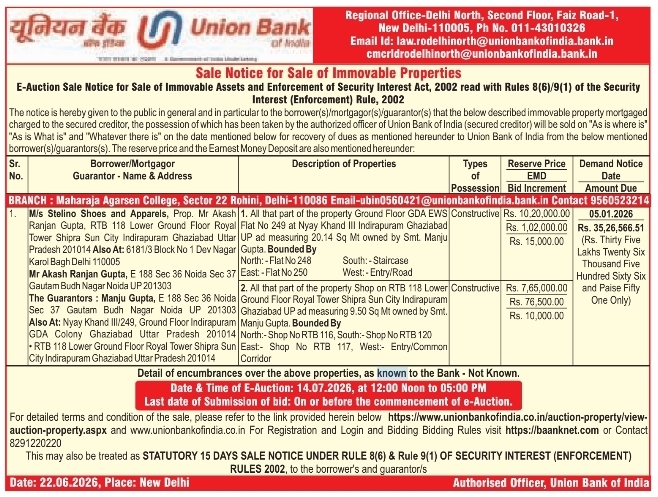 E-Auction Sale Notice: Union Bank of India Delhi North