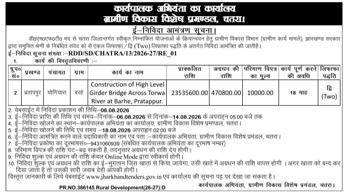 E-Tender Notice for High Level Bridge Construction by Chatra Rural Development