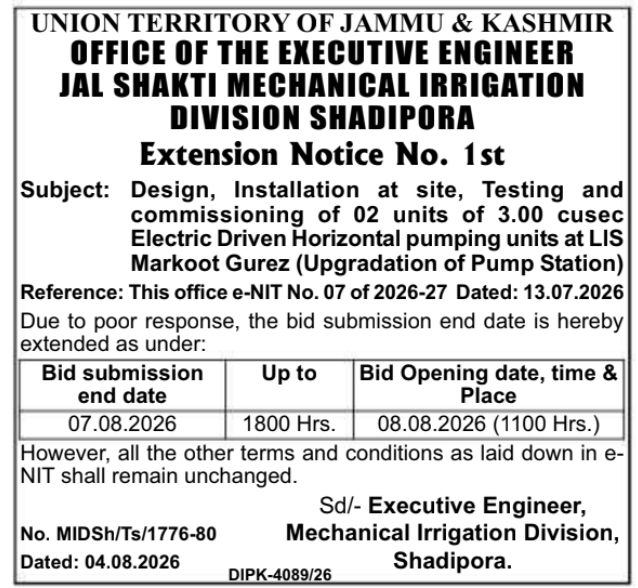 Extension Notice for Pump Station Upgradation