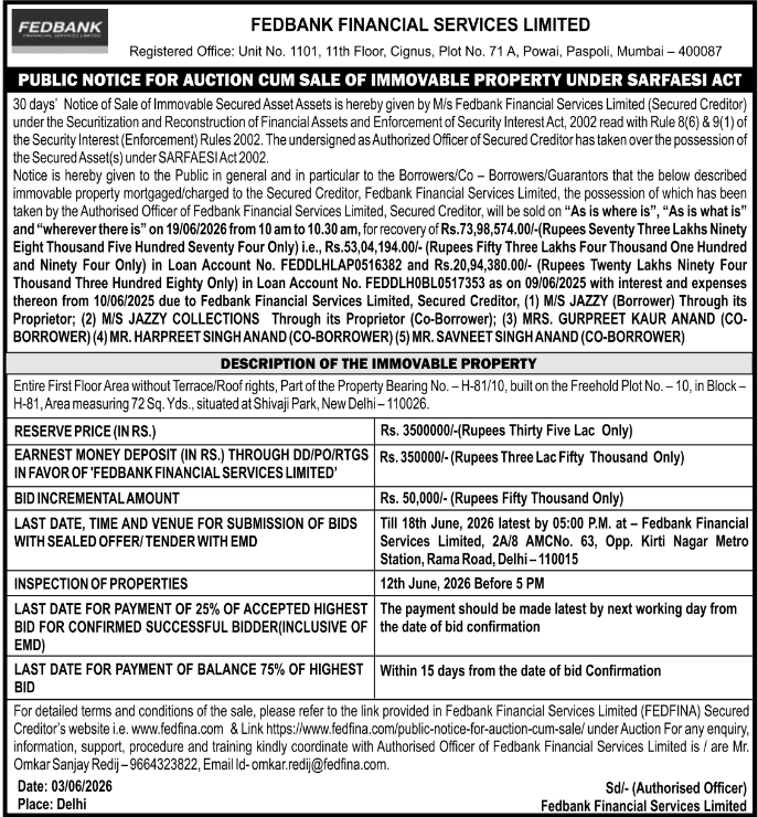 Fedbank Financial Services Immovable Property Auction Notice Under SARFAESI Act