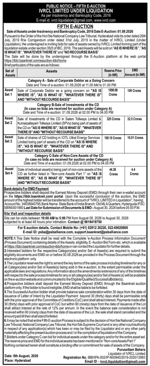 Fifth E-Auction Sale Notice of Assets for IVRCL Limited Under Liquidation