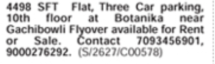 Flat for Rent or Sale: Gachibowli, Hyderabad