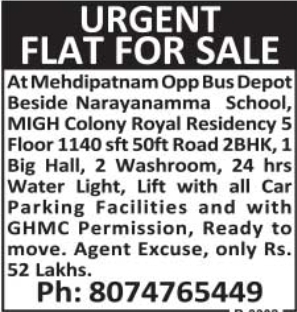 Flat for Sale: MIGH Colony, Mehdipatnam