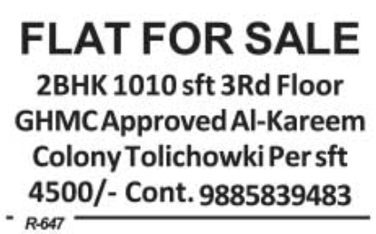 Flat for Sale: Tolichowki, Hyderabad