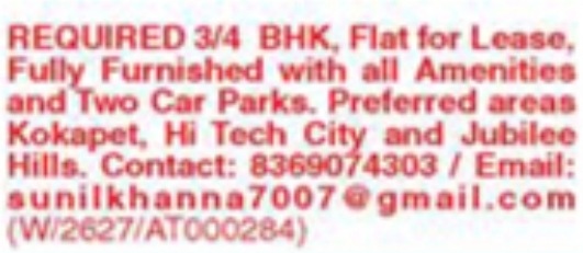Flat Required: 3/4 BHK Flat for Lease in Hyderabad
