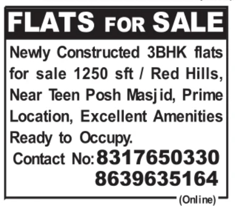 Flats for Sale: 3BHK Apartment in Red Hills