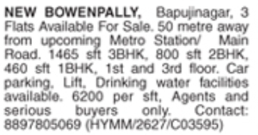 Flats for Sale: New Bowenpally, Secunderabad