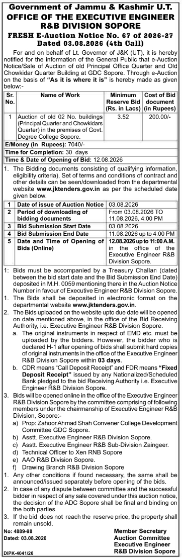 Fresh E-Auction Notice for Sale of Old Buildings at GDC Sopore
