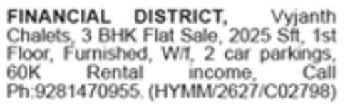 Furnished 3 BHK Flat for Sale: Financial District