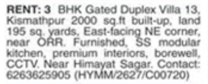 Furnished 3 BHK Gated Duplex Villa for Rent in Kismathpur