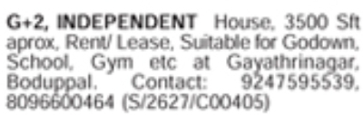 Gayathrinagar 3500 Sft G+2 Independent House For Rent/Lease