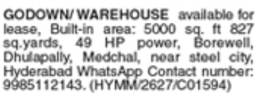 Godown/Warehouse Available for Lease in Dhulapally