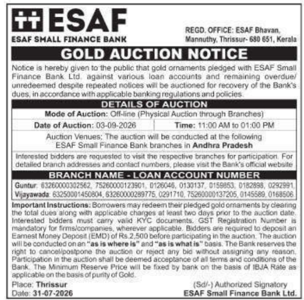 Gold Auction Notice by ESAF Small Finance Bank
