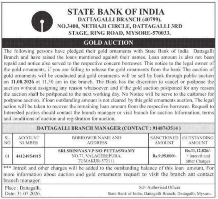 Gold Auction Notice for State Bank of India Dattagalli Branch