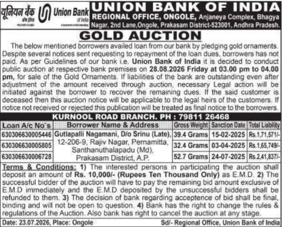 Gold Auction Notice of pledged Ornaments by Union Bank of India