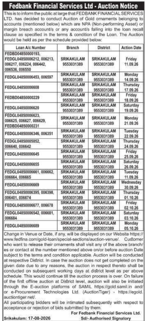 Gold Ornaments Auction Notice by Fedbank Financial Services