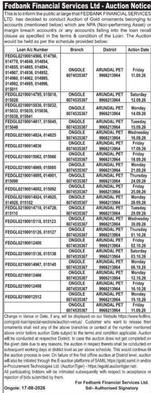 Gold Ornaments Auction Notice by Fedbank Financial Services