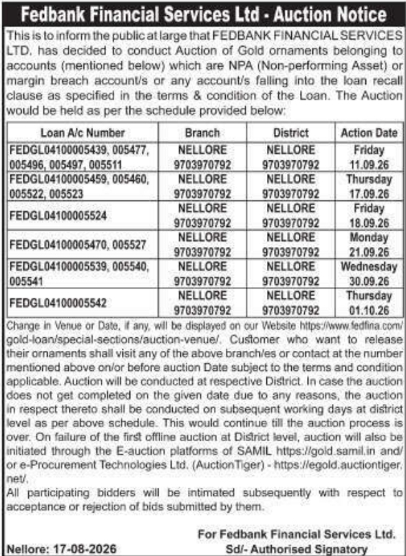 Gold Ornaments Auction Notice by Fedbank Financial Services