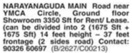Ground Floor Showroom for Rent/Lease: Narayanaguda, Hyderabad