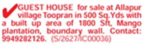 Guest House: Toopran Property Sale