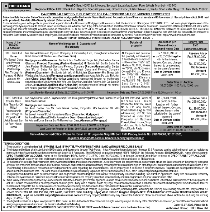 HDFC Bank E-Auction Sale Notice for Immovable Properties