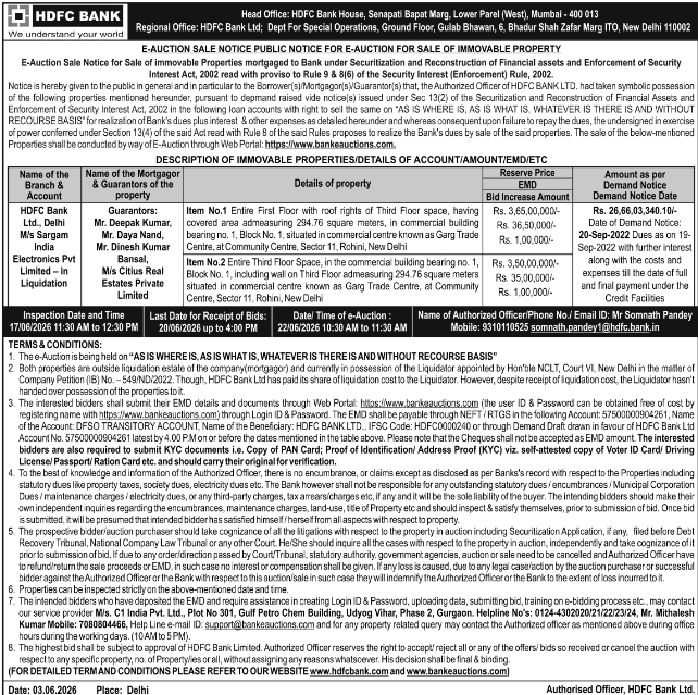 HDFC Bank Immovable Property E-Auction Notice: Sale of Commercial Assets in Rohini
